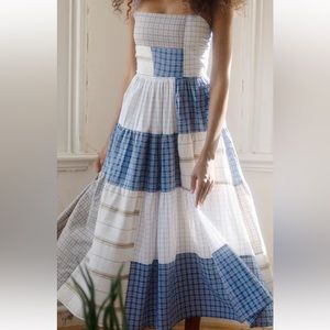 Oh Seven Days Tori Reversible Dress Size Medium Blue White Strapless Patchwork